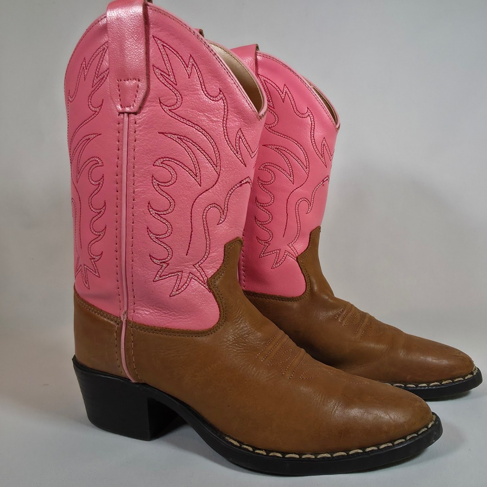 Old West J Toe Cowboy Boots Pink Brown Youth 2D Leather Pointed‎ Toe Stitching